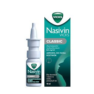 Aerozol do nosa Nasivin Vicks Classic na zatkany nos, katar, delikatna formuła, ulga już po 25 sek., działa do 12 godz., dla osób w wieku 6 lat +, 10 ml